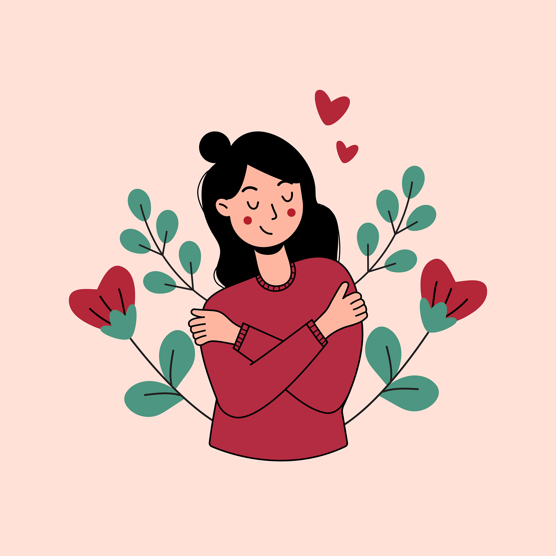 Animated picture of woman hugging herself with stems blloming around her with heart-shaped flowers.